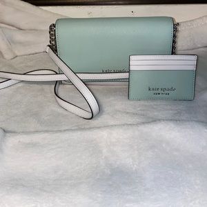 Teal/white-Kate Spade Crossbody and matching cardholder.